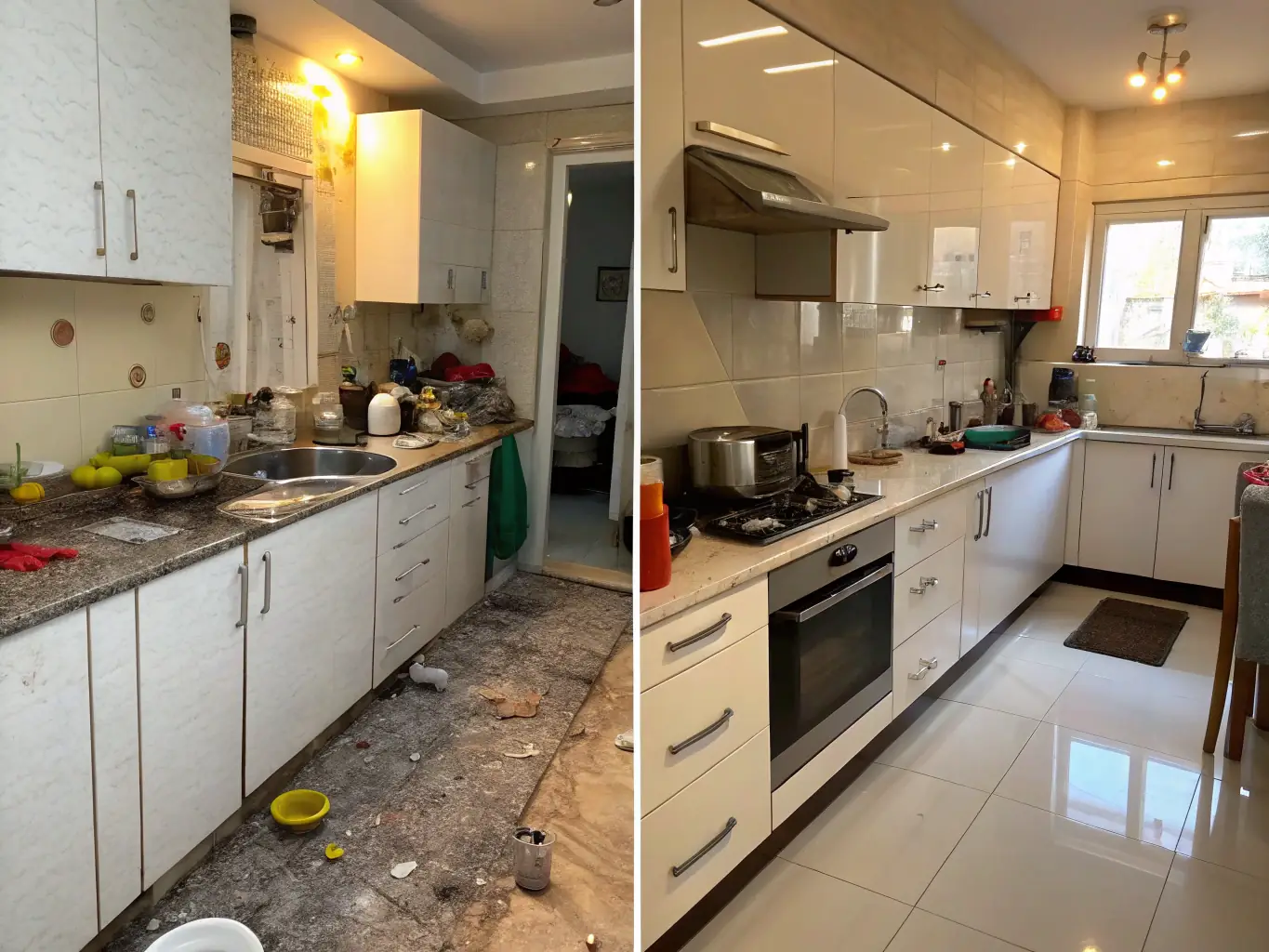 A before-and-after shot of a kitchen, showcasing the dramatic difference after a deep cleaning service.