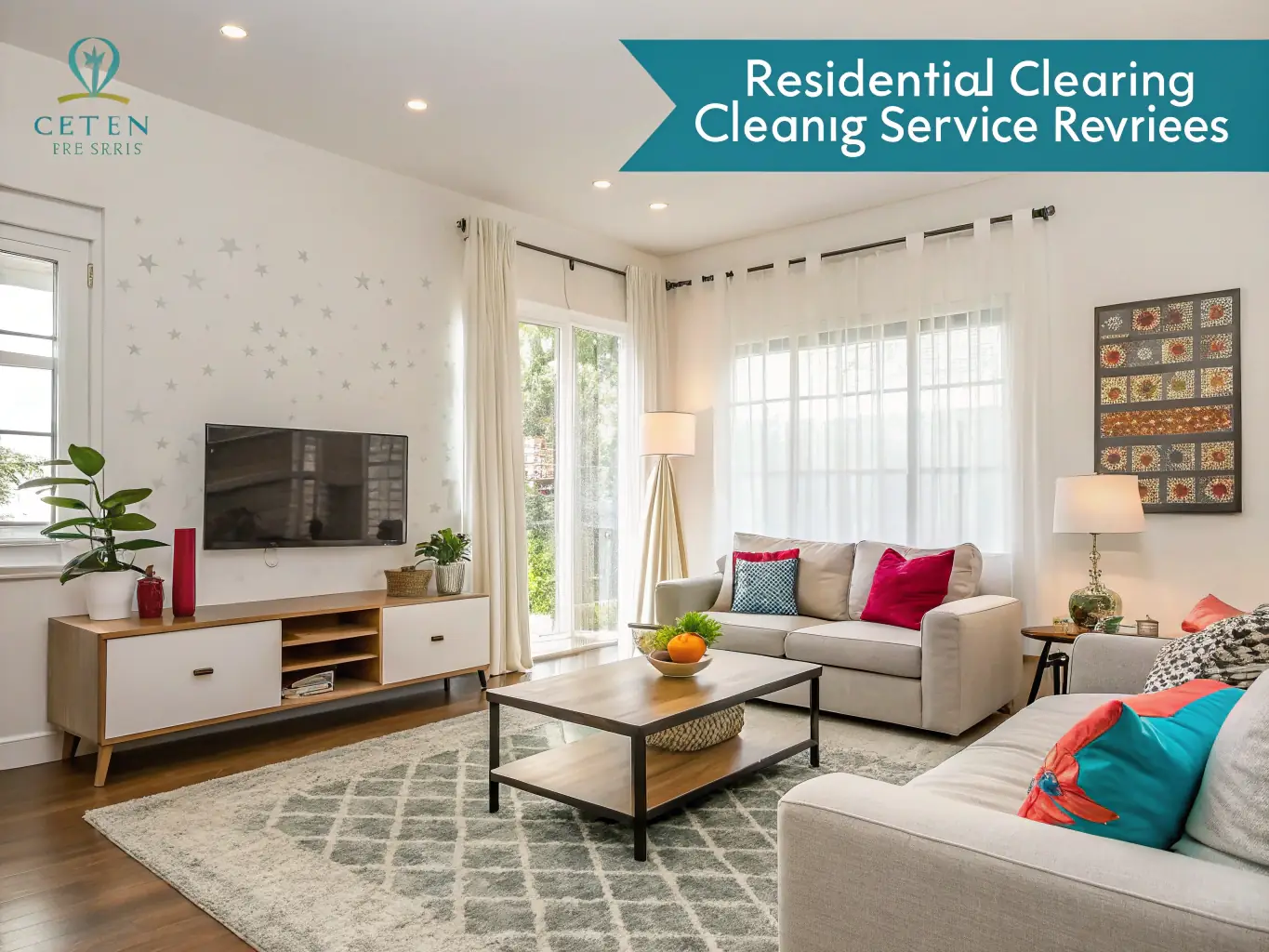 A cozy and tidy living room in a home, with a cleaning team ensuring every corner is spotless and comfortable.