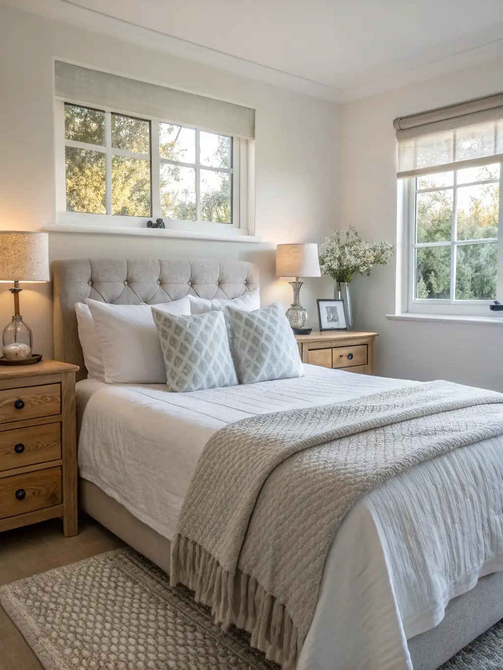 A cozy bedroom in a London house, perfectly organized and cleaned, highlighting the comfort and relaxation achieved with Optixia Lux Clean.