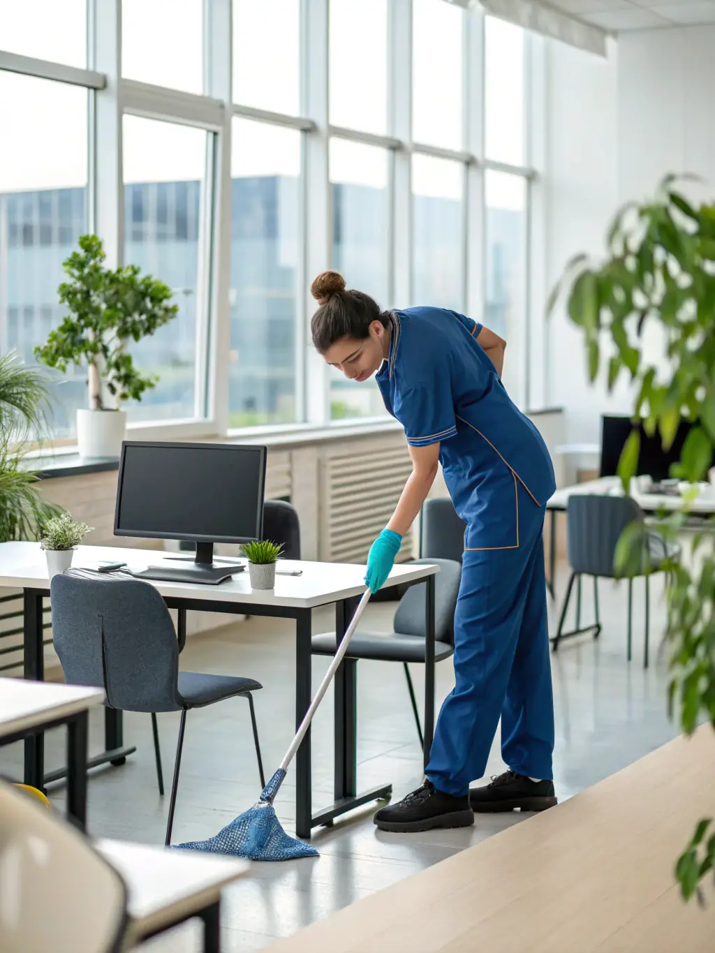 A brightly lit, modern office space being cleaned by a professional cleaner, focusing on dusting and surface cleaning, showcasing Optixia Lux Clean's attention to detail.