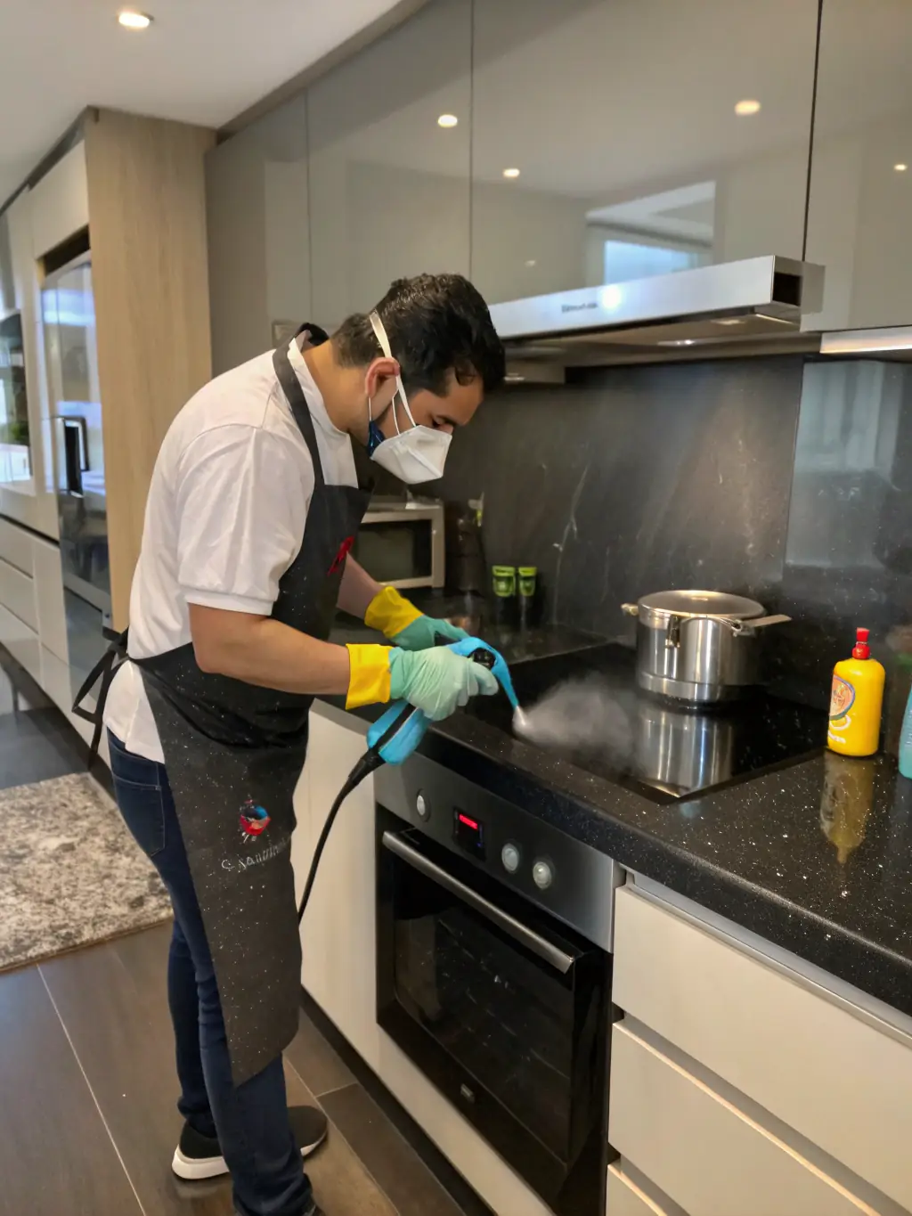 A professional cleaner sanitizing equipment in a commercial kitchen, highlighting the importance of hygiene in food service businesses, reflecting Optixia Lux Clean's specialized cleaning services.