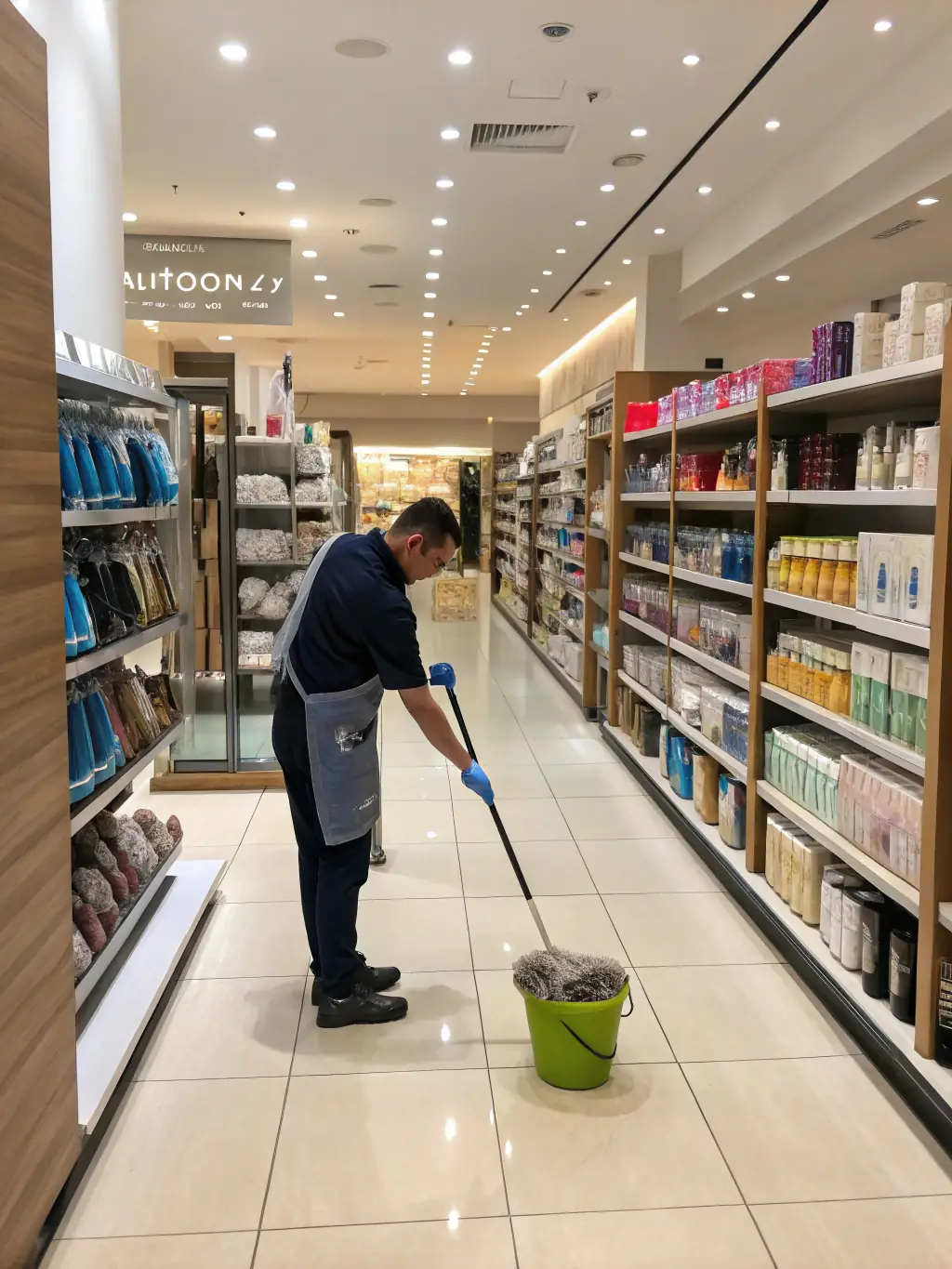 A retail store aisle being thoroughly cleaned, with a focus on floor cleaning and shelf dusting, emphasizing Optixia Lux Clean's commitment to cleanliness in retail environments.